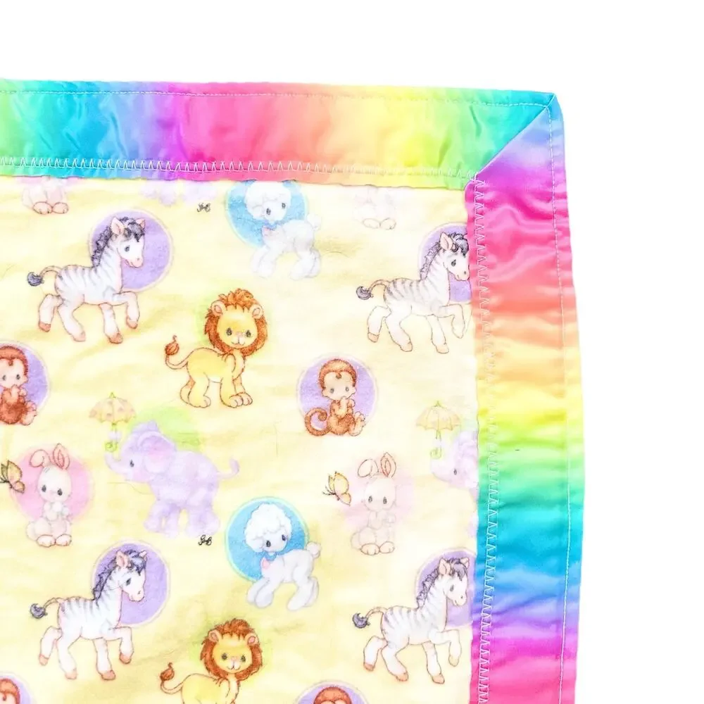 Vintage Handmade Precious Moments Animal Fleece Tie Dye Satin Trim Baby Blanket
